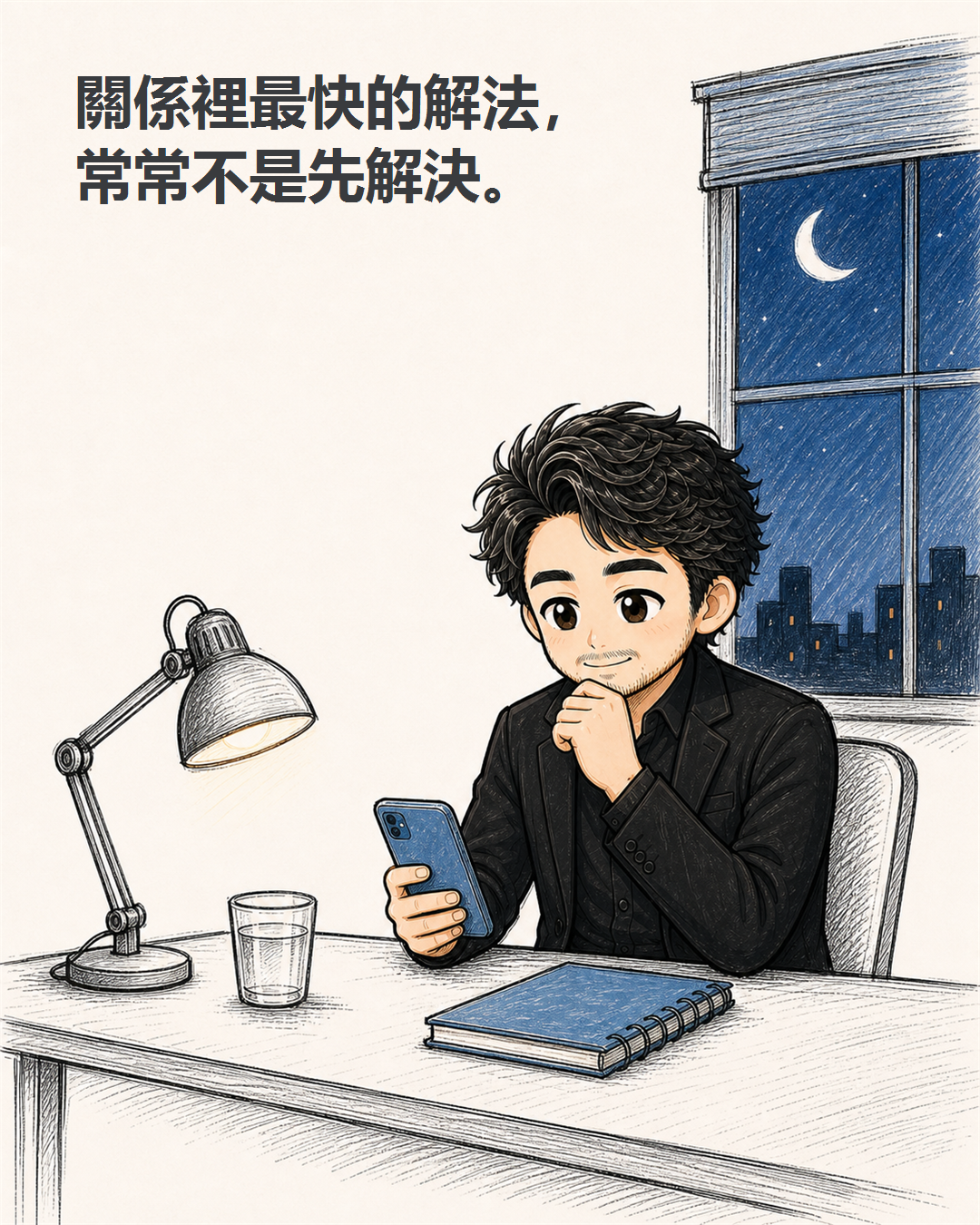 慢熟男子坐在桌前看著手機，左手托腮、右手拿著手機，旁邊有筆記本與水杯